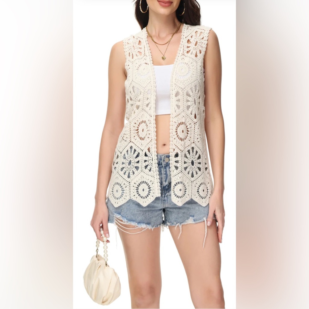 Anna-Kaci California Crochet Cardigan Tank Lace Trim Sleeveless Open Front Vest